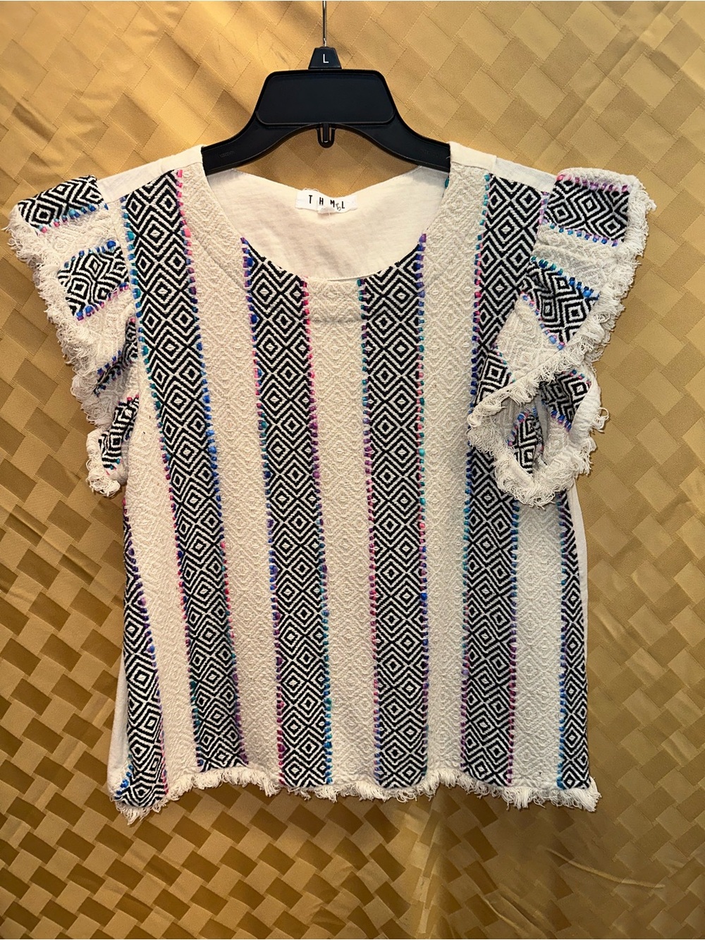 THML White Textured Fringe-Trim Striped Flutter Top